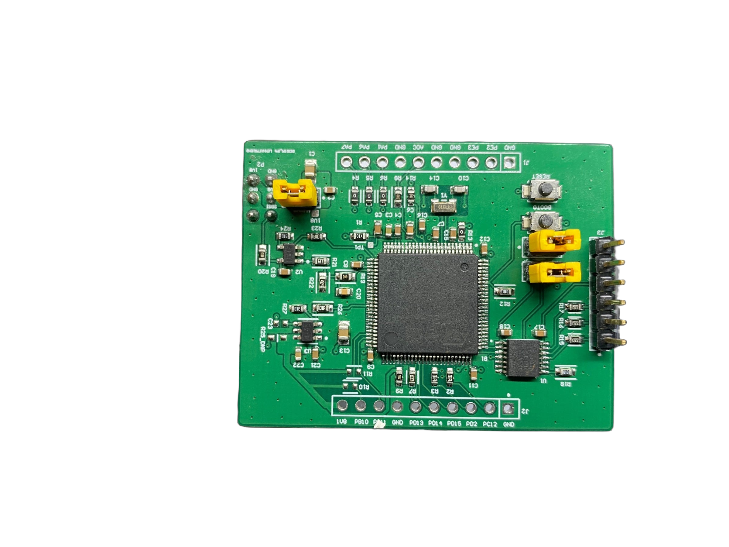 Assembled STM32L4P5 MCU board, photographed on a black background